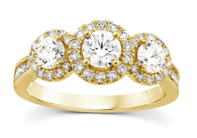 Round Diamond 1 1/2ctw. Three Stone Halo Engagement Ring in 14k Yellow Gold